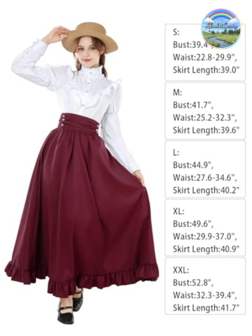 Victorian 2-Piece Dress Set Ruffled Ball Gown Blouse Skirt Belt Costume
